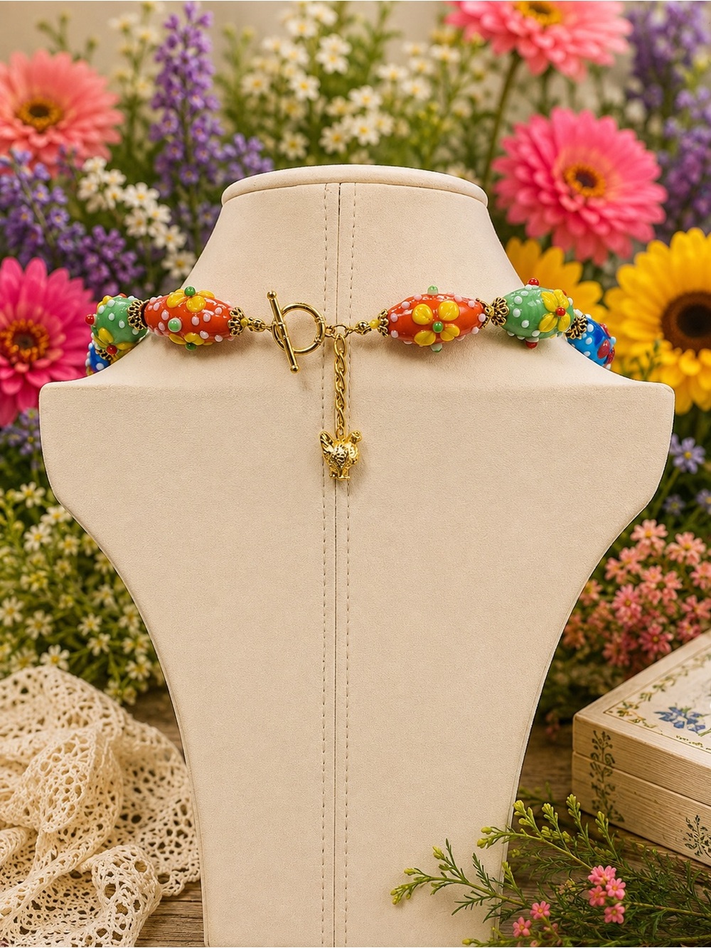 Lampwork Hand knotted 22 inch Aprilsplace necklace flower multi colored - Picture 2 of 9